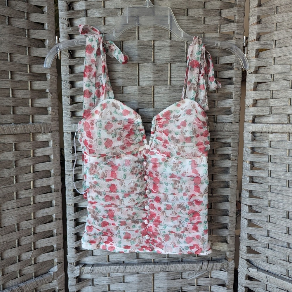 Lulus Camisole Corset Top White Red‎ Floral Ruched Mesh Tie Strap Sz S *Fits XS